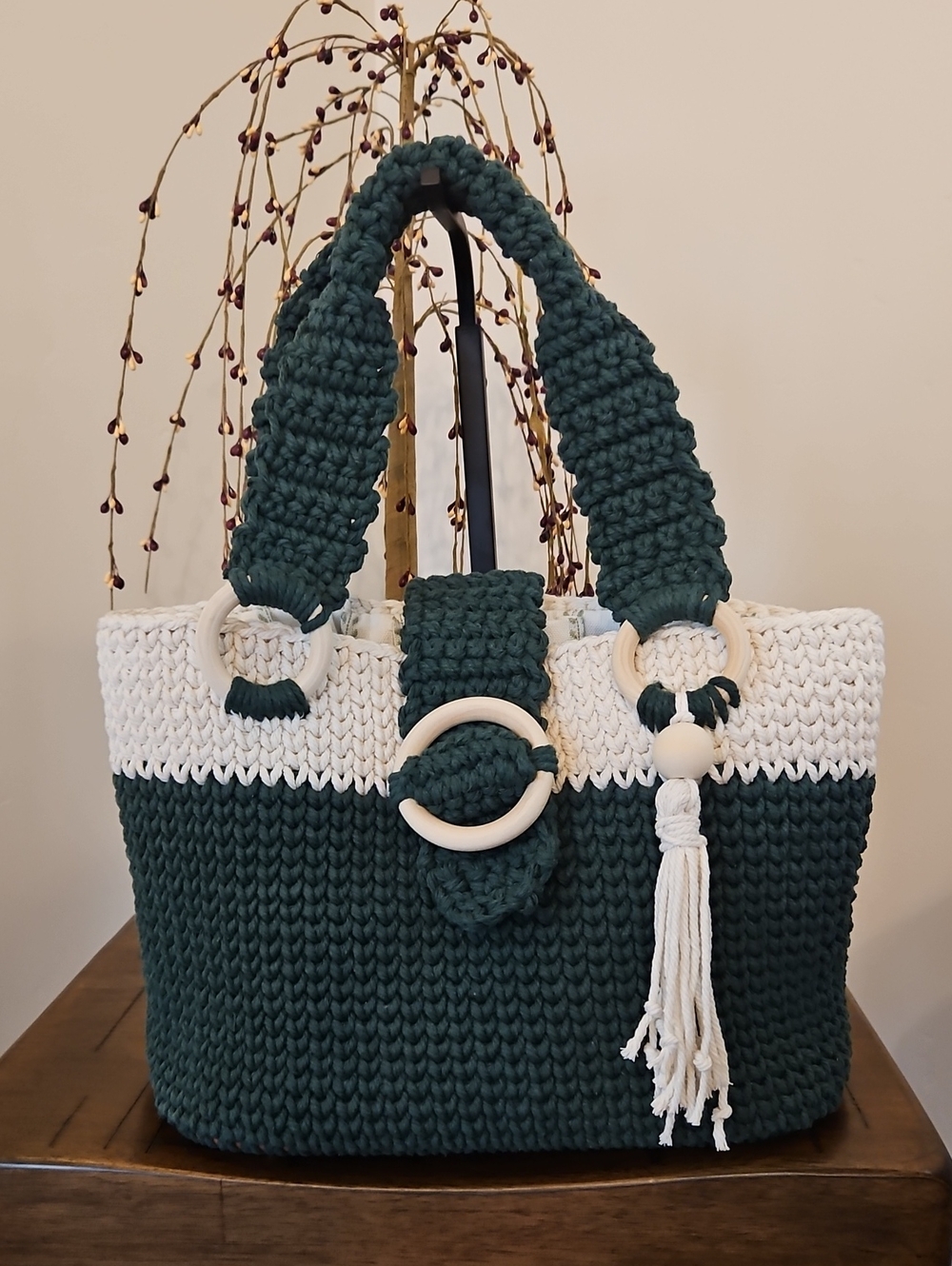 Dark Green & Off White Tote Bage Hand Crocheted By Me